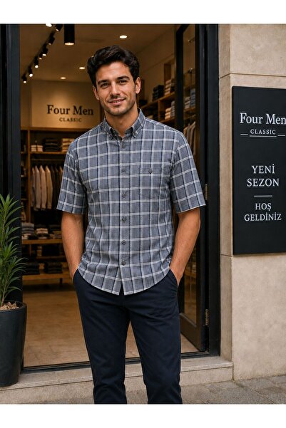 GÖMLEK GALERİSİ Men's Classic Wide Cut Plaid Cotton Short Sleeve Shirt