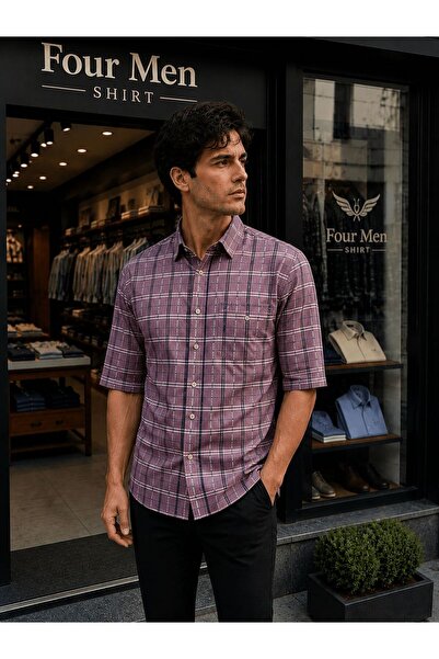GÖMLEK GALERİSİ Men's Classic Wide Cut Plaid Cotton Short Sleeve Shirt