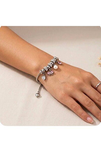 Mervişim Aksesuar Tarnish-Resistant Steel Zircon Stone Heart and Pink Bow Det...