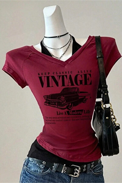BALİNA Bordo Vintage Modern Life Ek Askılı Y2K Kısa Kollu Crop