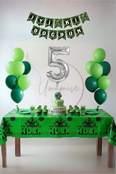 Umamiçe Hulk Themed 5Th Birthday Party Set – Tablecloth + Banner + 5 Number B...