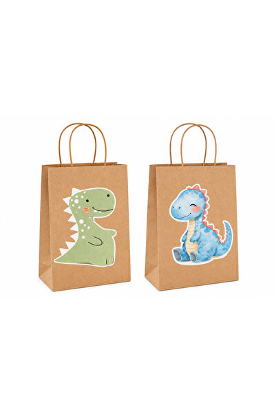 Parti Konsepti Dinozor Temalı Kraft Hediye Çantası Stickerlı Parti Çantası 8'li