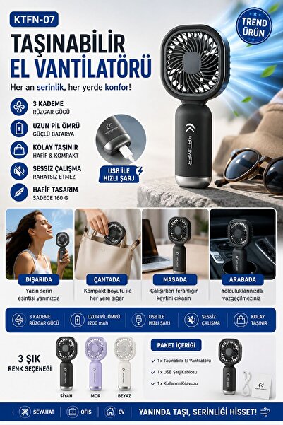 CeppStore Katjmer KTFN-07 Taşınabilir Mini El Vantilatörü USB Şarjlı 3 Kademe...