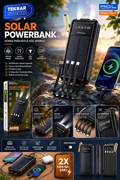 CeppStore ACL PW-61 30000 mAh Solar Powerbank Güneş Enerjili Dahili Kablolu L...