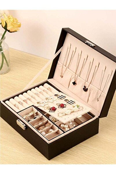 Generic New 2-layer jewelry box, black, leather, earrings, necklace, ring, br...