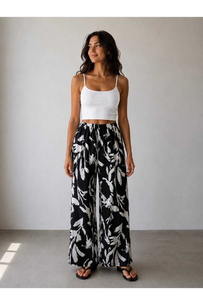 TuZeGiyim Ethnic Pattern Colorful Wide Leg Elastic Waist High Waist Women's T...