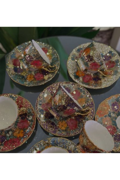 BY.RAYKA PORSELEN El Dekor Ipek Triya Porcelain Hand-Painted 6-Piece Cup Set