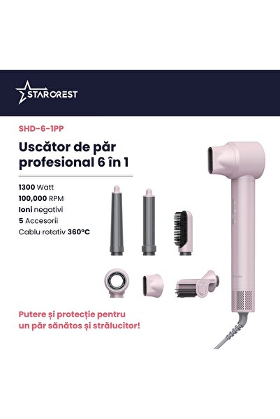 STARCREST Uscator de par profesional SHD-6-1PK, 1300 W, 6 Accesorii incluse, 3 Trepte de viteza, 3 Trepte de temperatura, Buton de aer rece, Roz