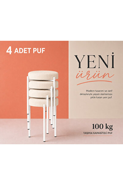 EDMONDA EV AKSESUAR CEMRE 4LÜ PUF TABURE BENCH MAKYAJ SANDALYESİ BEYAZ AYAK