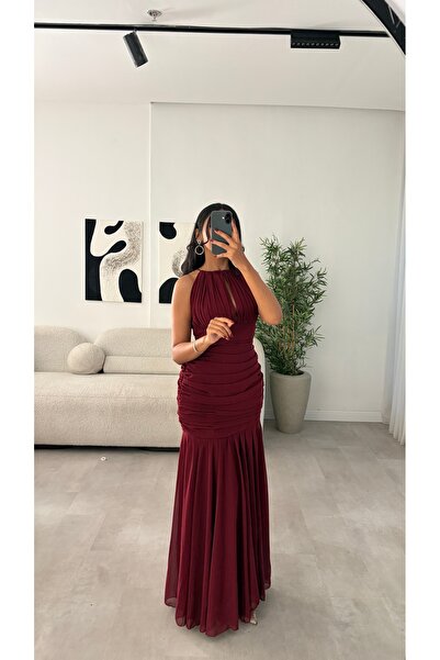ANGELINSA Long Burgundy Soft Dress with Tie Neck and Pleats