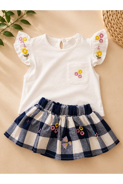 kr kids Baby Girl Floral Embroidered Plaid Skirt Set White Blouse Navy Blue Skirt Summer 2-Piece Set