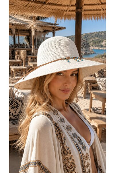 FELLMENS White Wide Round Straw Women's Hat with Accessory Detail