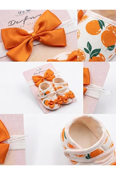 Defne Kız Bebek Turuncu Portakal Desenli Ayakkabı Bandana Seti