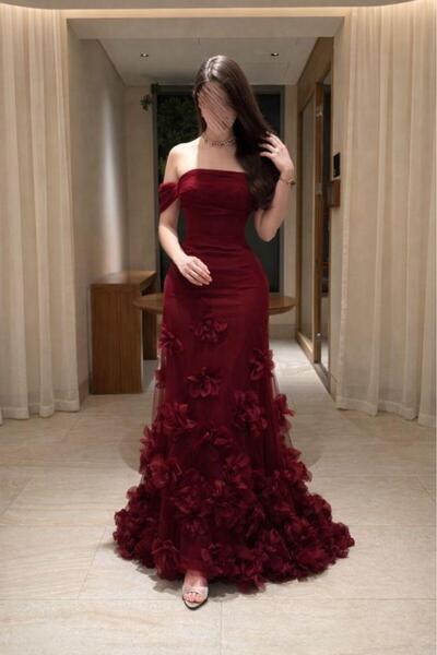 Sukar Burgundy Tulle Dress with Roses