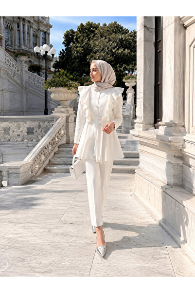 unika boutique Σετ Χιτζάμπ με Λεπτομέρεια Βολάν και Κουμπιά