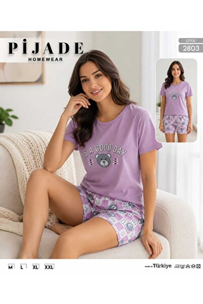 PİJADE HOMEWEAR Дамски лилав пижамен комплект с къс ръкав и шорти, домашно об...