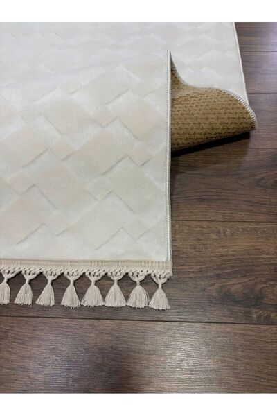 NaRStore Home Krem Kaymaz Taban Pon Pon Saçaklı Yıkanabilir Salon Halısı Mutfak Halısı Yolluk