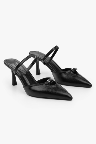 Shoeberry Kadın Sua Siyah Cilt Stiletto Topuklu Terlik