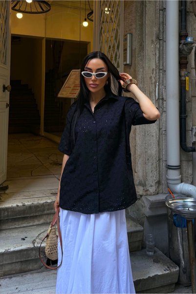 Fav Style Women's Short Sleeve Scallop Embroidered Shirt Black