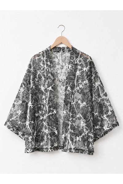 Retrobird Design Transparent Lace Boho Mini Kimono Women's Gray White