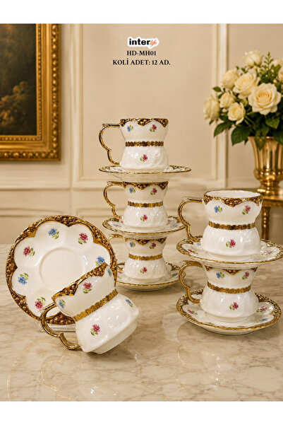 İnterlife Porcelain Turkish Coffee Cup Set for 6 People, Gold Gilded Rose Pat...