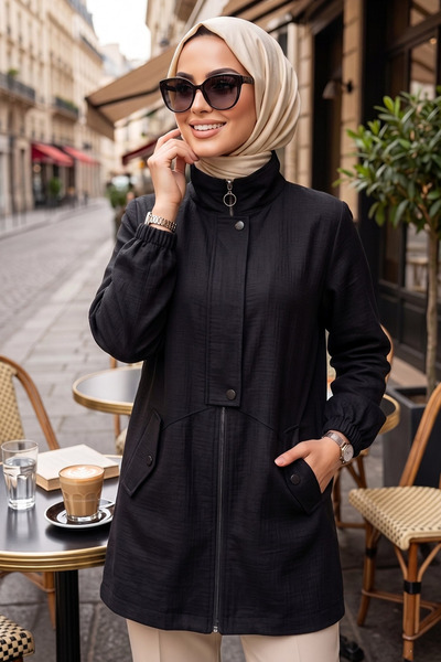 N.S NEVA STYLE Fermuarlı Siyah Tesettür Tunik 15291S