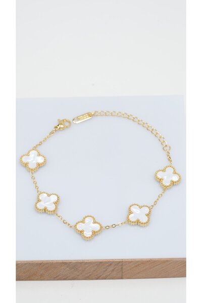 Zuum Accessories 14K , Gold Renginde Beyaz Taşlı Yonca Bileklik , Çelik Bileklik