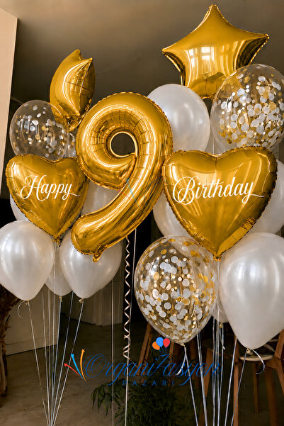 Organizasyon Pazarı Gold Number Age Balloon Set Gold Heart Star Confetti |   ...
