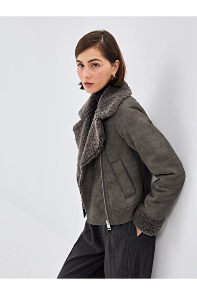 LC Waikiki Gray Women's Shirt Collar Plain Leather Look Biker Coat