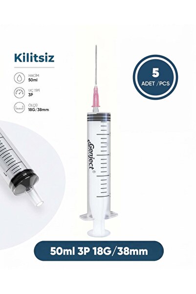 Genject 50 ml. , 3 Parçalı , 18G (1.27mm.), 38mm,Pembe İğneli Şırınga, Enjekt...