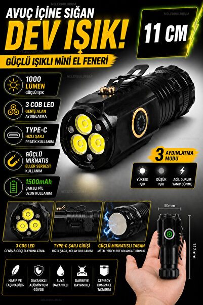 nelerbulurum Şarjlı Mıknatıslı Klipsli 3 Modlu 1000 Lümen Güçlü Işıklı Cep Bo...