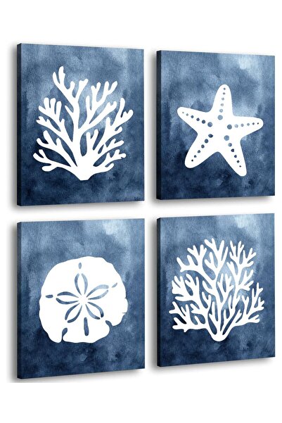 Signtouch Advertising Sea Coral Starfish Sand Wall Art, Set of 4 Framed Canva...