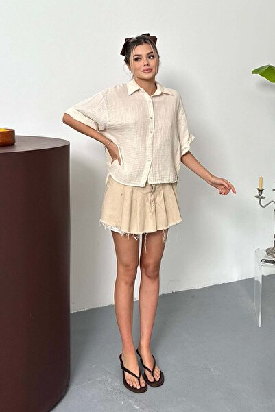 JEE LEE Women's Short Sleeve Buttoned 100% Cotton Shirt Beige - 26Y 2132