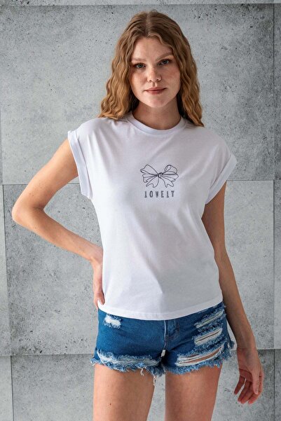 GİYSA Women's Crew Neck Printed Cotton T-Shirt White - 925009