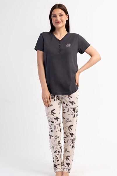 KEZOKİNO Women's Half Buttoned Short Sleeve Anthracite Pajama Set Relaxed Cut...