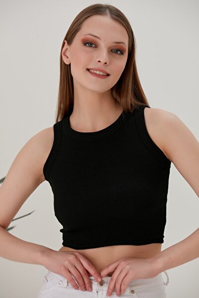 Generic Brand Black Fitted Wide Piping Halter Neck Ribbed Stretchy Knitted Cr...