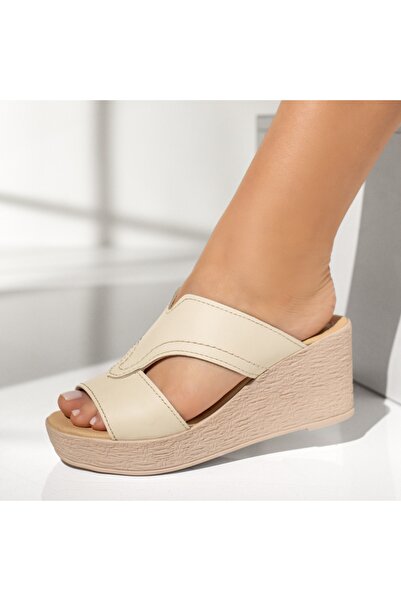 Modlet.ro Mule casual de damă, bej, din piele naturală, cu platformă BIA12