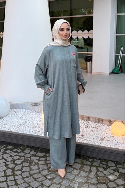 Tubik طقم نسائي من قماش التينسل مع تطريز وجيوب وقميص وبنطلون للحجاب