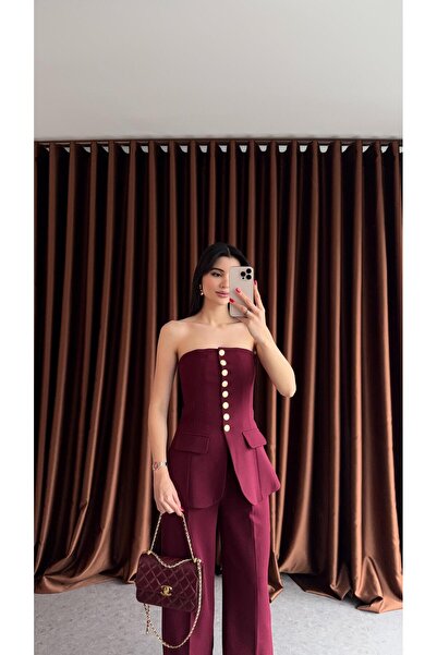 ossons Set pantaloni cu vestă fără bretele și nasturi aurii - Roșu Claret