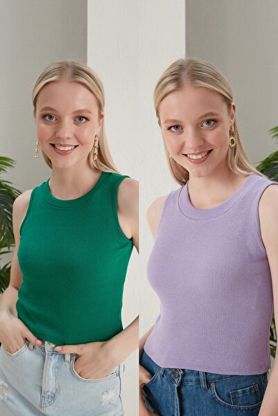 Feyece Women's Green Lilac Halter Neck 2-Piece Crop Blouse