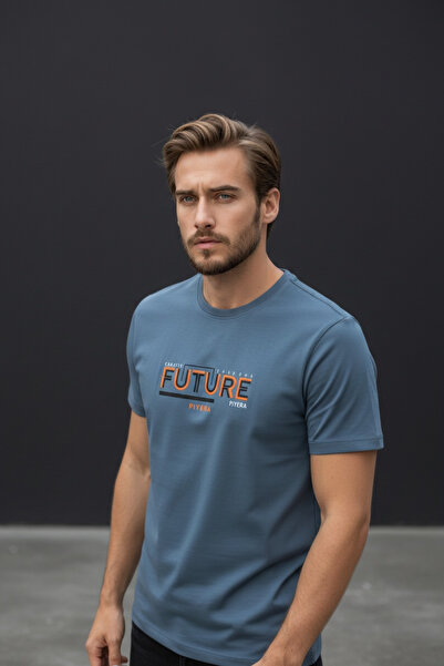 Piyera Men's Combed Cotton Fabric Printed Crew Neck Blue T-Shirt - 191