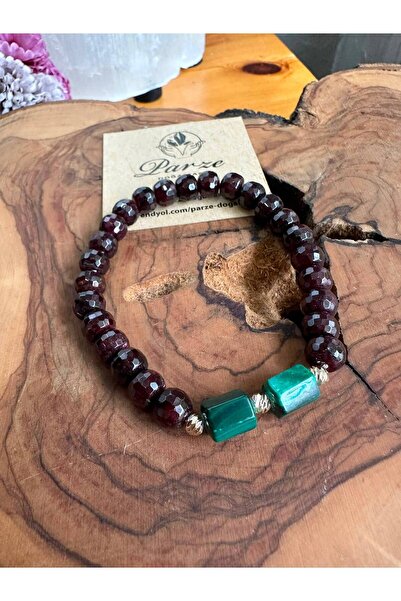 parze doğaltaş Malachite and Disk Cut Garnet (Lal Stone) Design Bracelet