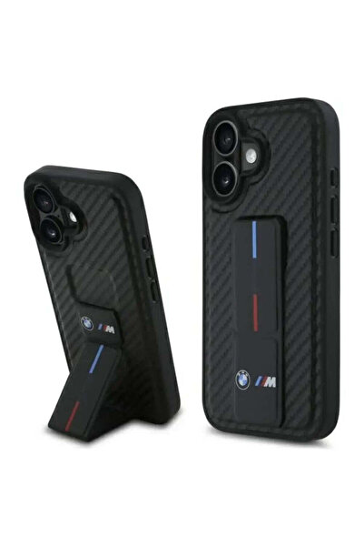 BMW Husă M Grip Stand netedă și carbon pentru iPhone 16 - negru