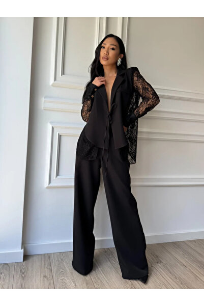 CC STORE Compleu elegant NOIR LACE, cămașă cu rever tip sacou, inserții din d...