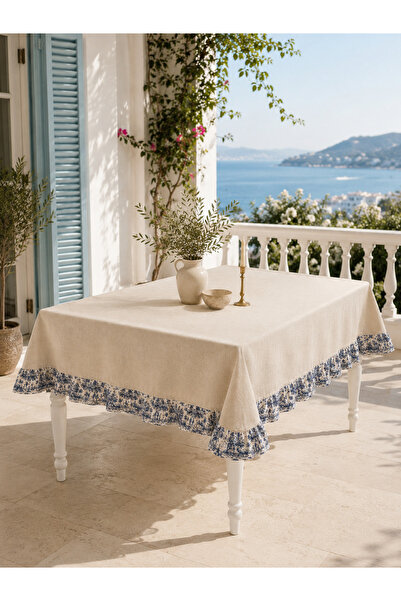 linea natura home Lacivert Keten Fransız Köylü Desenli Fırfırlı Masa Örtüsü V...
