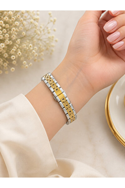 Arenmc store Women's Wristwatch Gold Silver Double Color Stone Detailed Gift Watch with Box