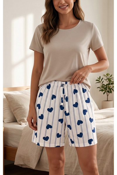 Pijahane Kadın Kalp Desenli Şort Pijama Alt Beyaz Mavi Yazlık Ev Giyim