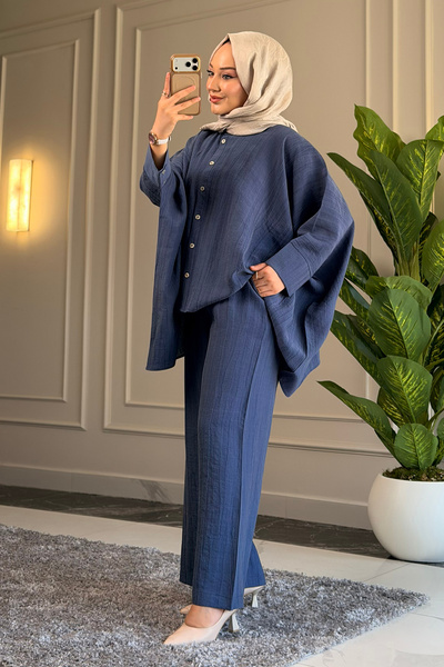 Suede Style 6459 - Şık Rahat Viva Salaş Kadın Gömlek Pantolon Takım