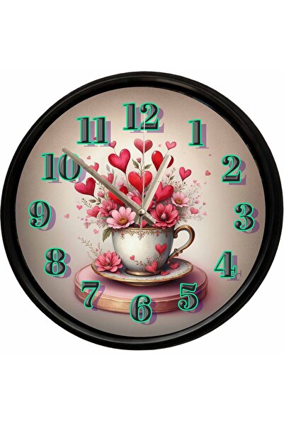 Caseras Decorative Wall Clock with Heart Flowers and Elegant Cup Design 28 cm...