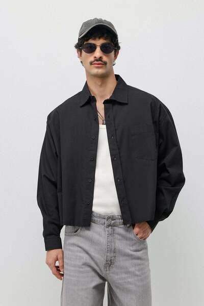 VAMOSCLO Keten Boxy Fit Crop Gömlek Siyah